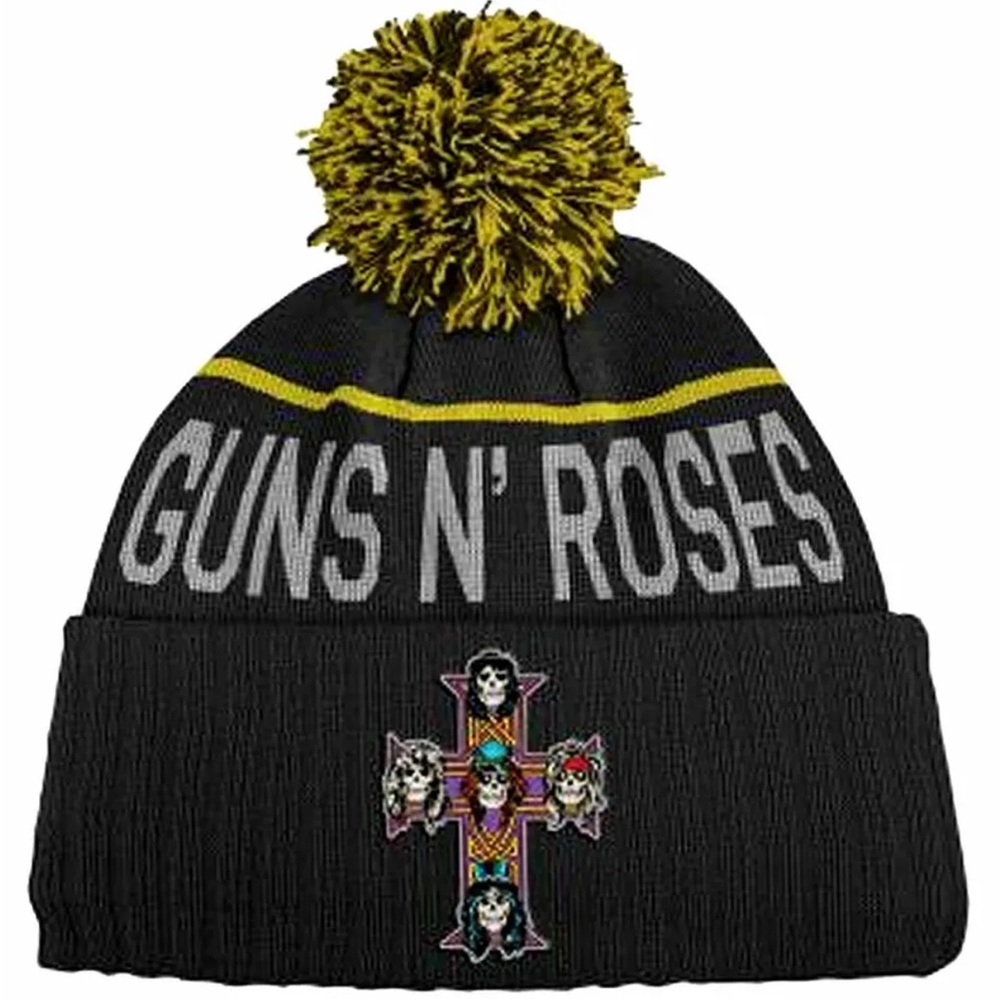 Guns N' Roses Pom Beanie Appetite For Destruction Cross Logo Cuffed Knit Hat NEW